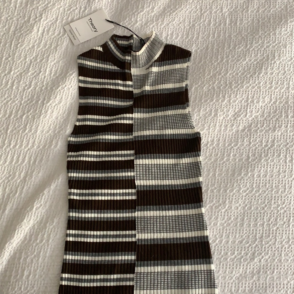 Theory sweater tank top. Brown, gray and white stripe.